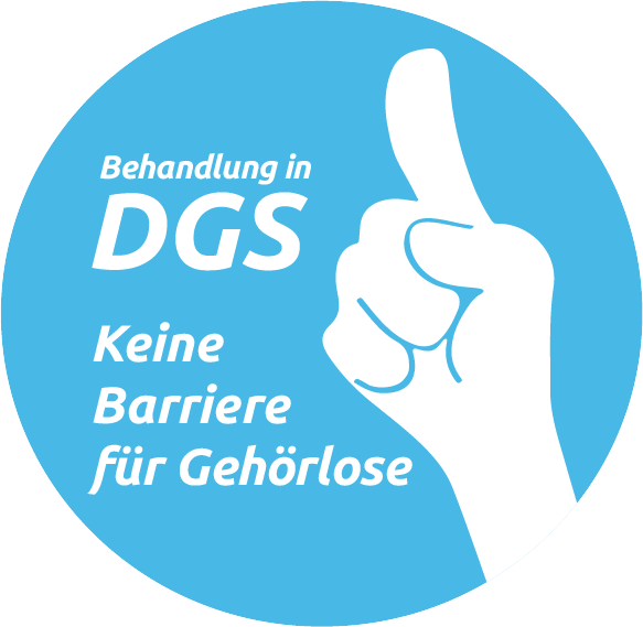 DGS Behandlungs-Hinweis-Button mit erhobenem Zeigefinger als Zeichen für Gehörlose